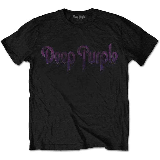 Black t-shirt with purple and silver "Deep Purple" logo print.
