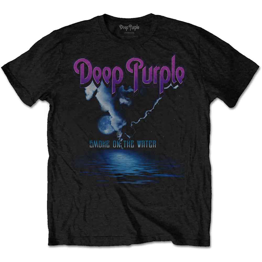 Black t-shirt featuring a Deep Purple logo, moon, clouds, and Smoke on the Water text.