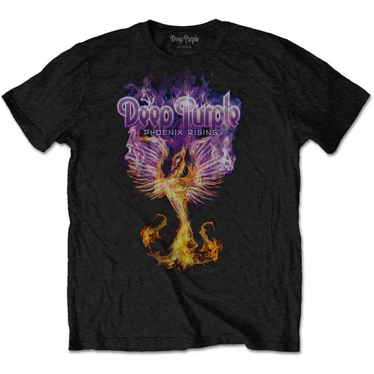 Black t-shirt with a fiery phoenix and "Deep Purple" logo design.