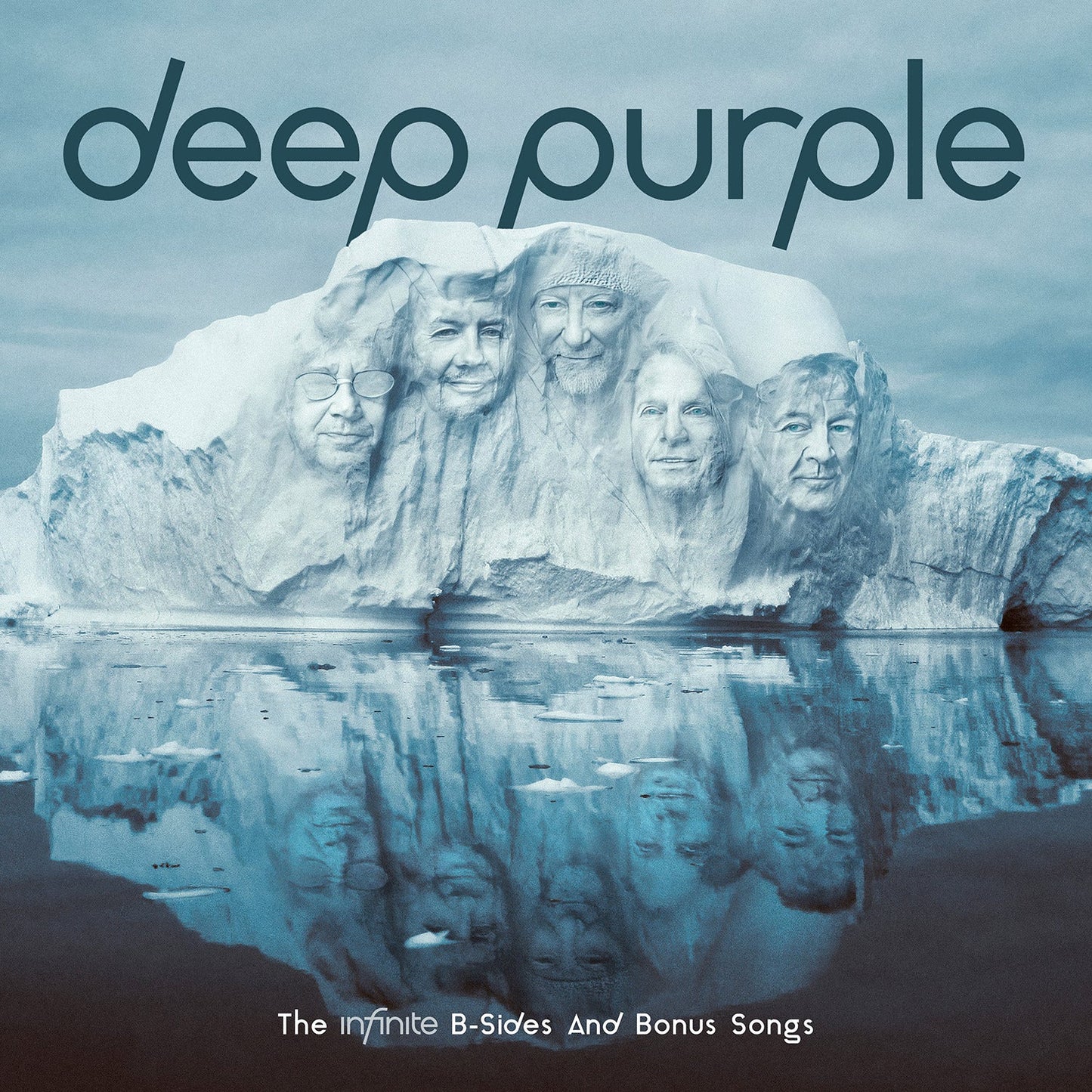 Deep Purple members' faces carved into an iceberg reflecting in dark water.