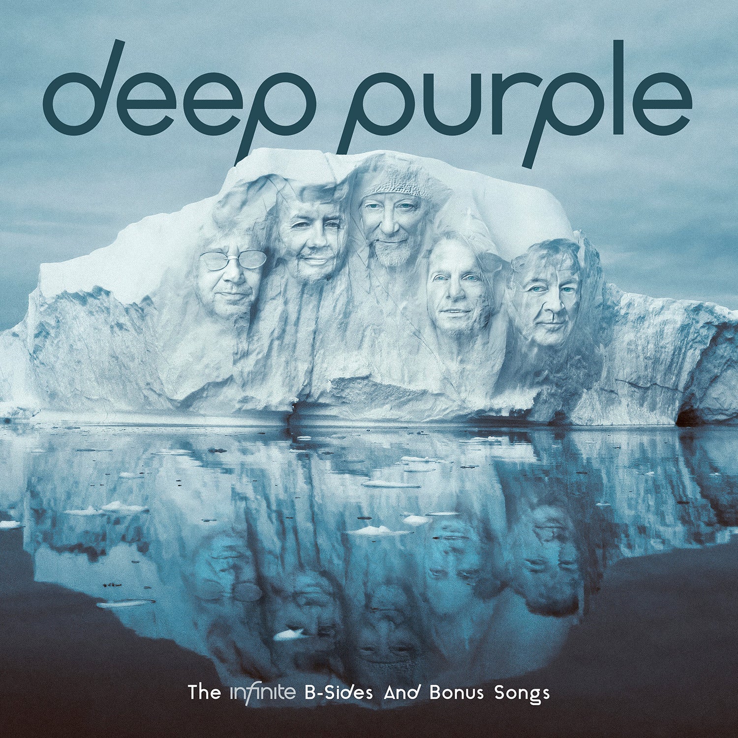 Deep Purple members' faces carved into an iceberg reflecting in dark water.