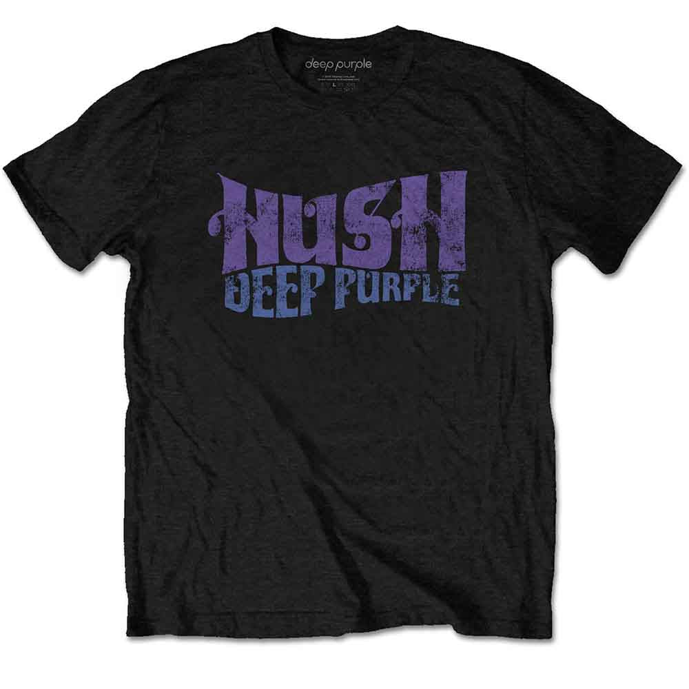 Black unisex t-shirt with purple distressed text reading "HUSH DEEP PURPLE" on the chest.