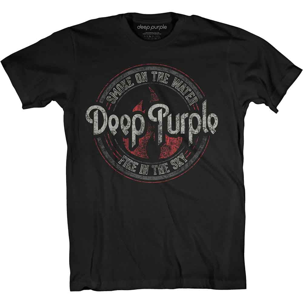 Black t-shirt with a distressed circular graphic of “Deep Purple” and flames.
