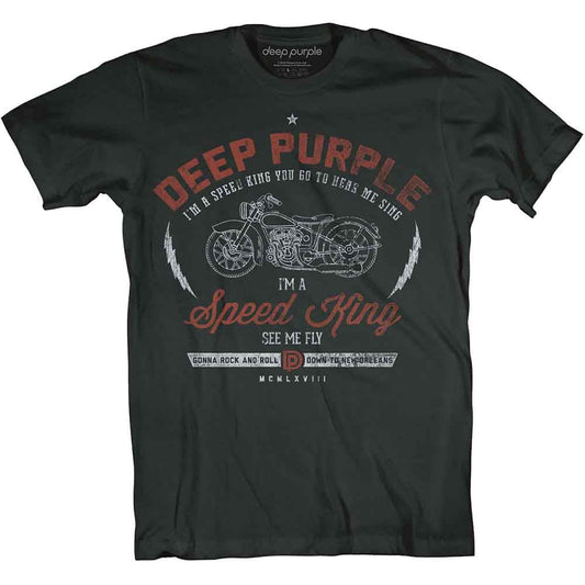 Black t-shirt with "Deep Purple" logo and motorcycle graphic.