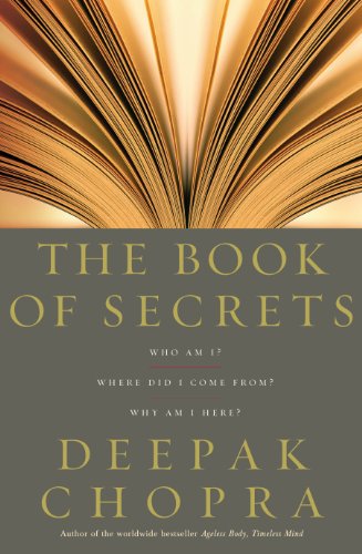 Book cover with radiating pages and gold text: "The Book of Secrets" by Deepak Chopra.