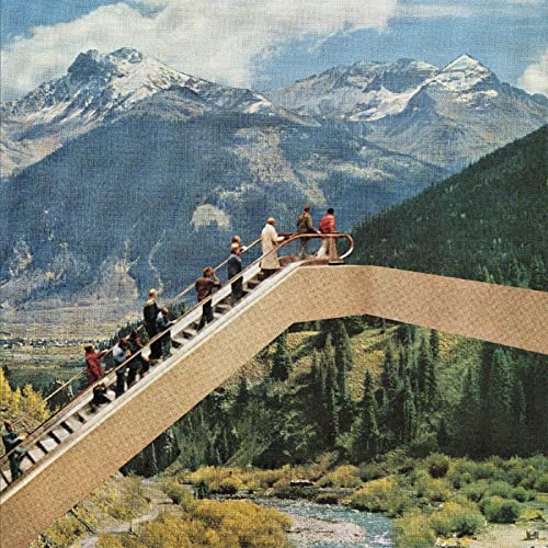 Vintage-style album cover depicting people on an escalator in mountains.