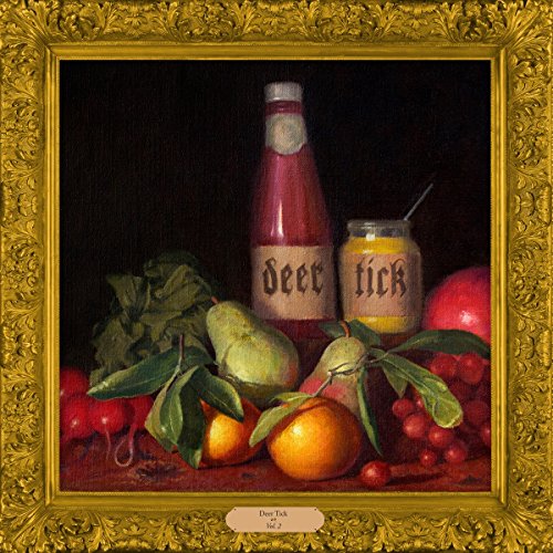 Still life painting of fruit, a ketchup bottle, and a jar labeled "Deer Tick".
