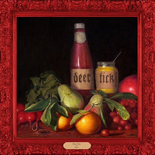 Still life painting of fruit, a bottle, and a jar labeled "Deer Tick".