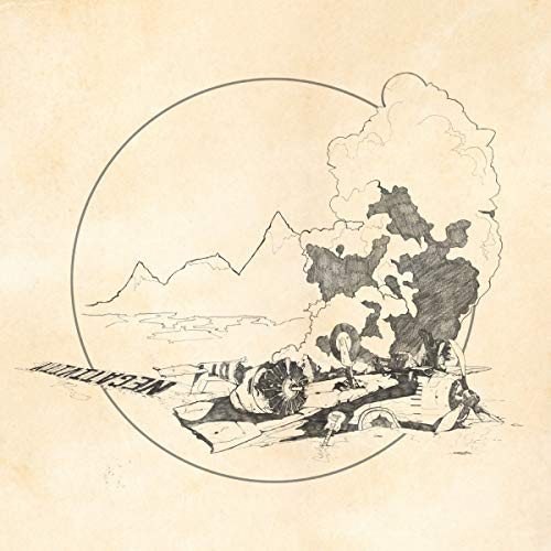 Line drawing of a crashed airplane with smoke against a mountain backdrop.