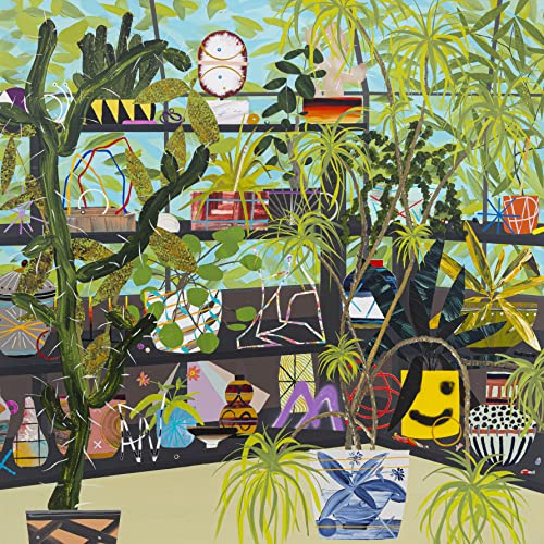 Colorful painting of a room filled with plants and abstract objects.