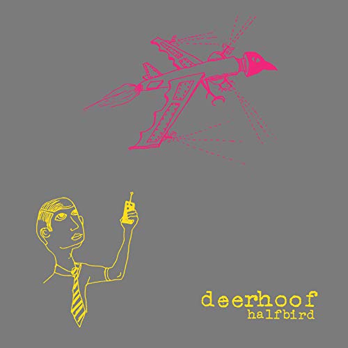 A man in a tie holds a remote controlling a pink bird-shaped jet plane.