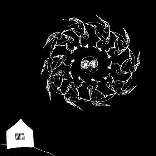 White line art of winged figures circling an owl above a small house.