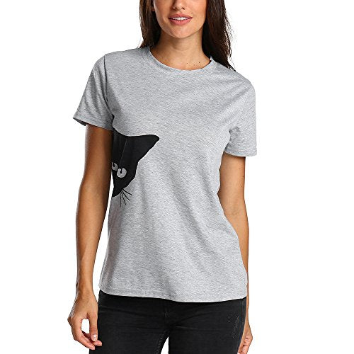 Gray t-shirt with a black cat face graphic, worn by a model.