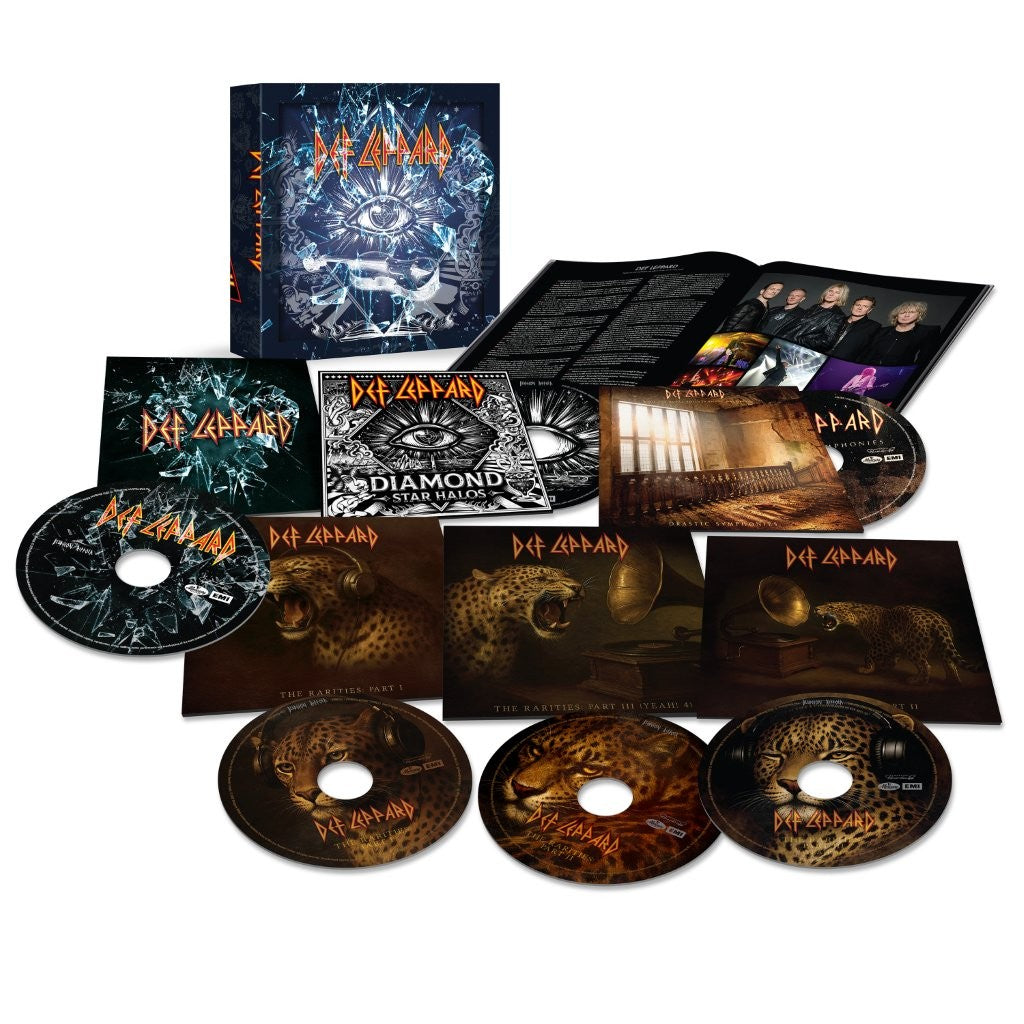 Def Leppard CD box set with albums, booklets, and a diamond star halo design.