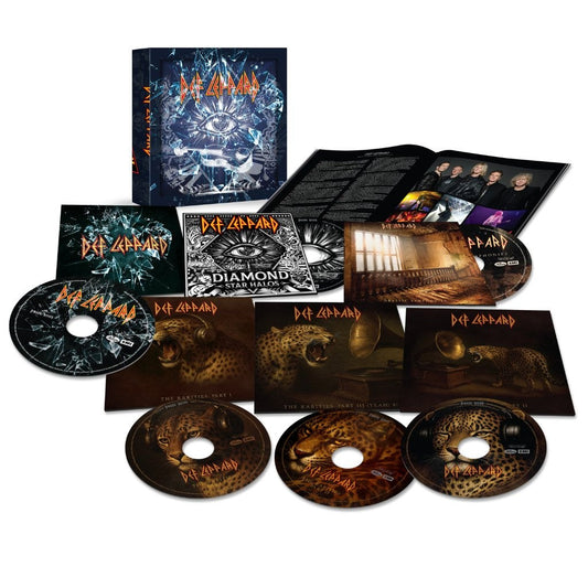 Def Leppard CD box set with albums, booklets, and a diamond star halo design.