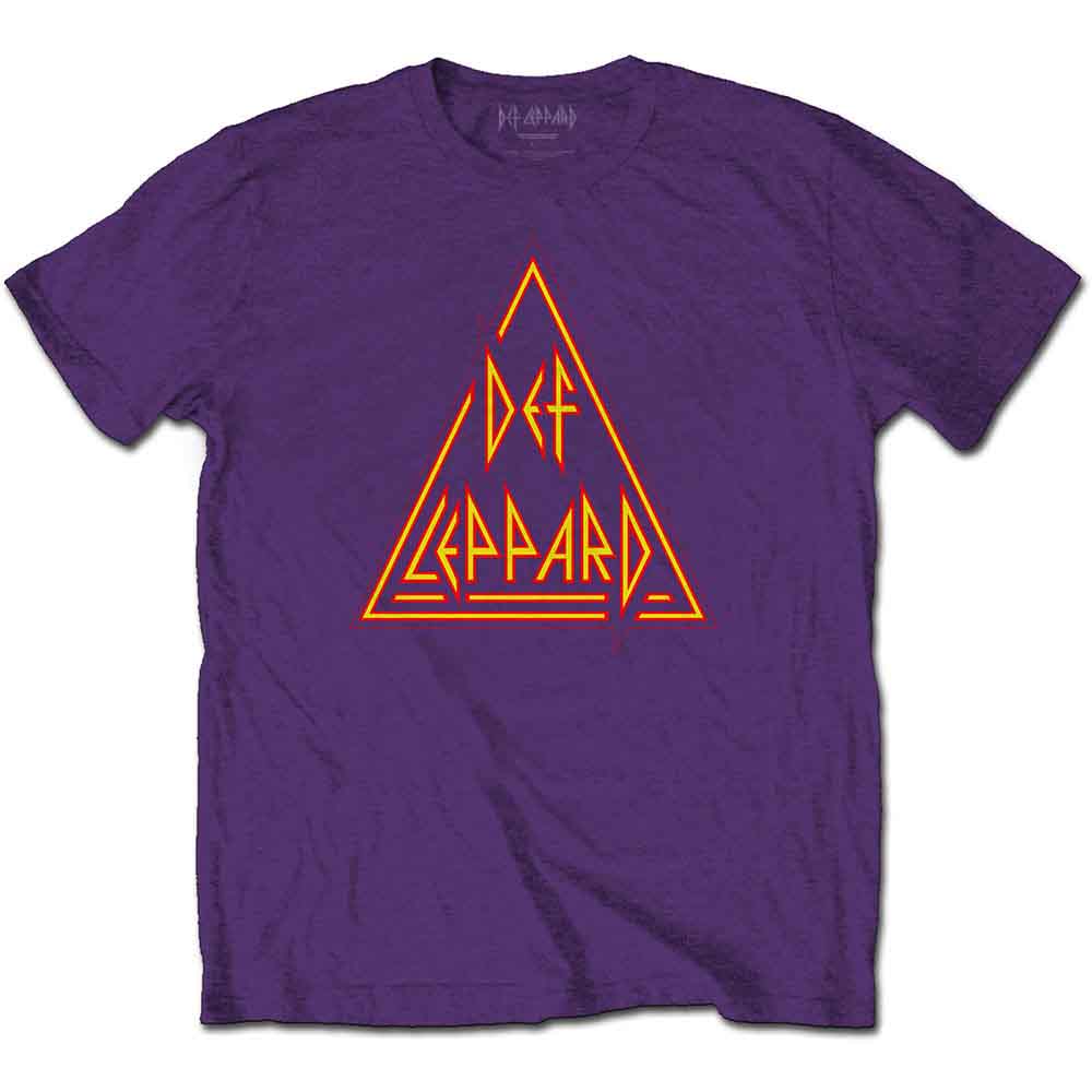 Purple t-shirt with orange triangle logo featuring the band Def Leppard.