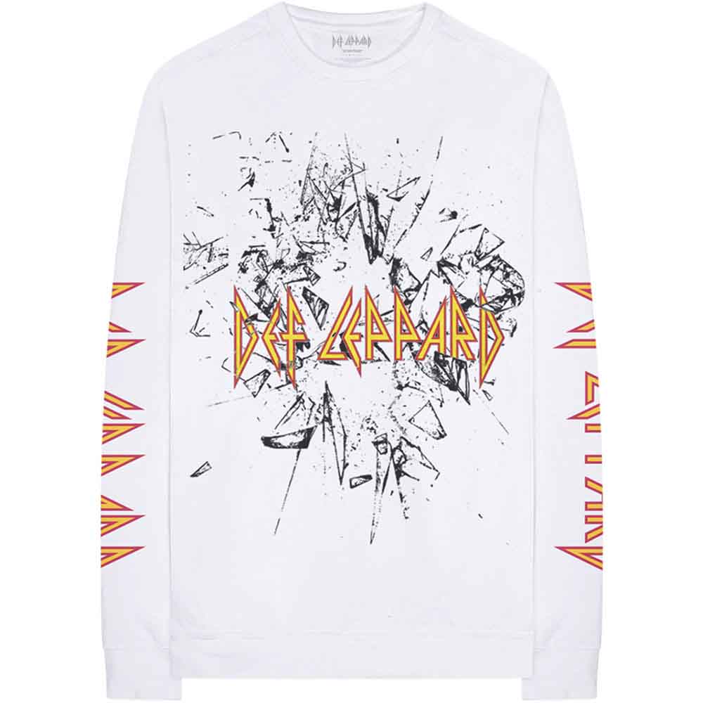 White long-sleeve t-shirt with Def Leppard logo and shattered glass graphic.