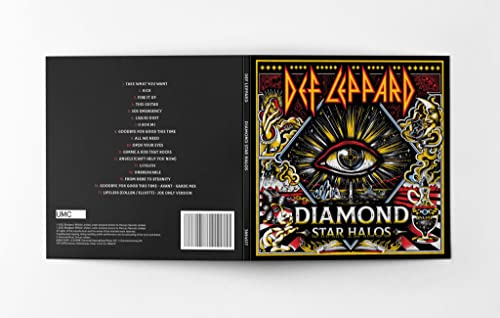 Def Leppard CD case with eye and text on colorful cover and tracklist on back.
