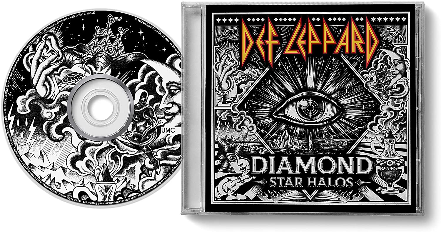 Def Leppard Diamond Star Halos album cover with a central eye and surreal illustrations.