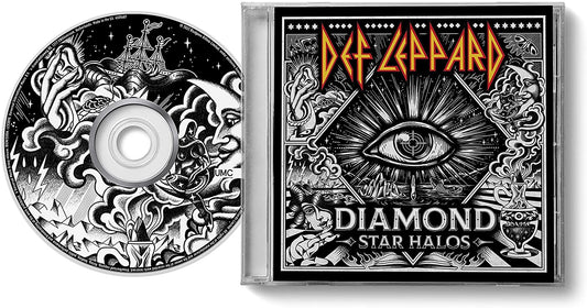 Def Leppard Diamond Star Halos album cover with a central eye and surreal illustrations.
