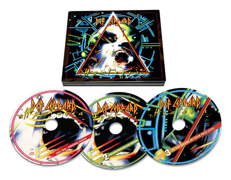 Def Leppard Hysteria CD box set with three discs featuring abstract geometric cover art.