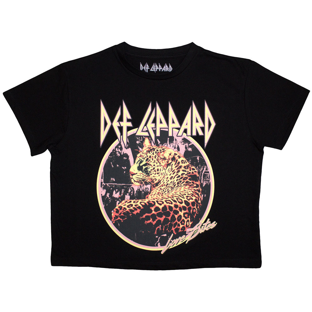 Black crop top with Def Leppard's "Love Bites" album art, size X-Small.