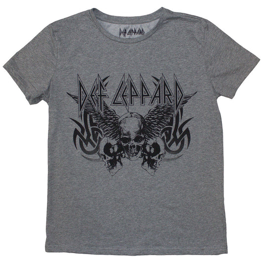 Black ladies t-shirt featuring a Def Leppard logo and a graphic tribal skull design.