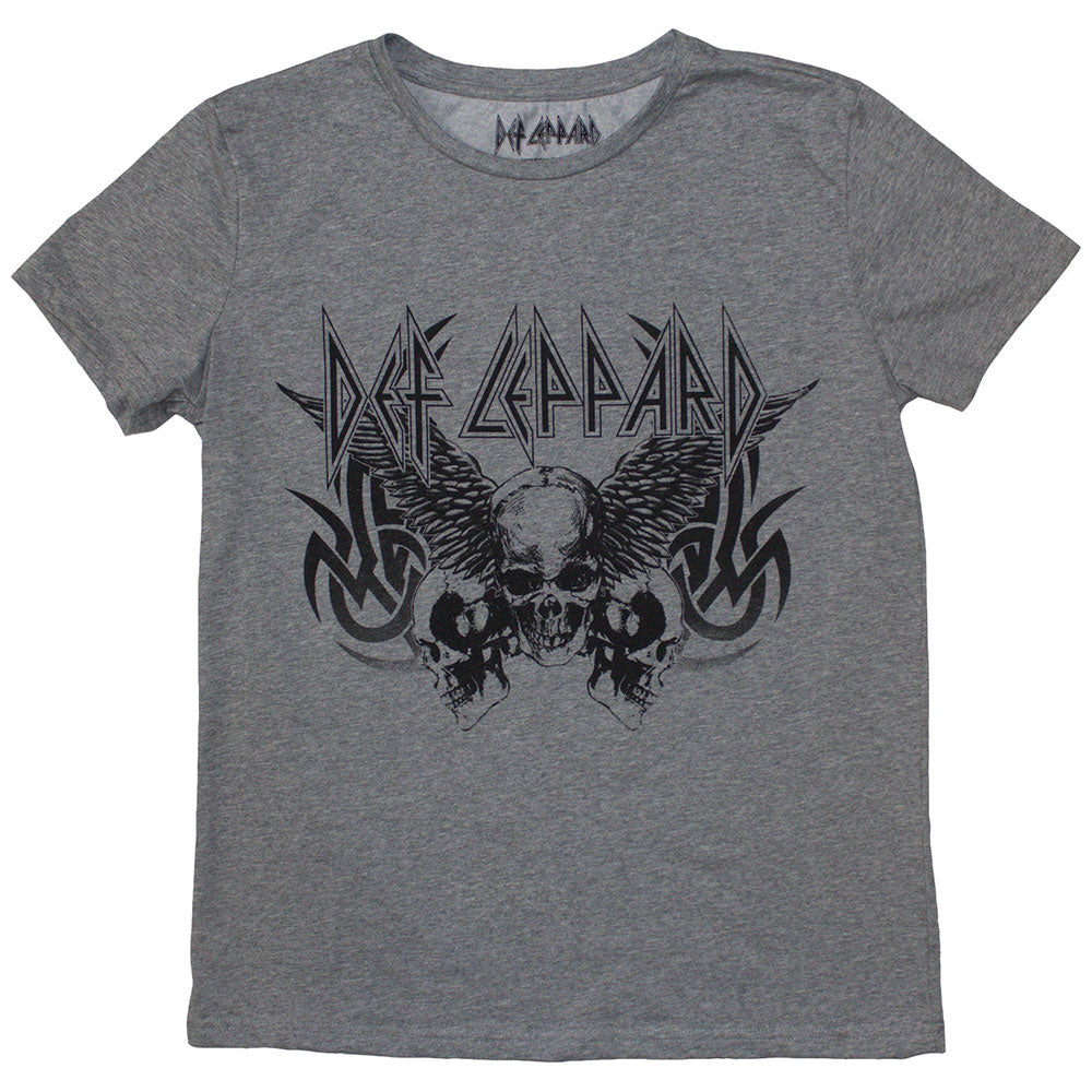 Black ladies t-shirt featuring a Def Leppard logo and a graphic tribal skull design.