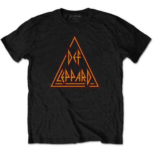 Black Def Leppard t-shirt with orange triangle and band logo graphic.