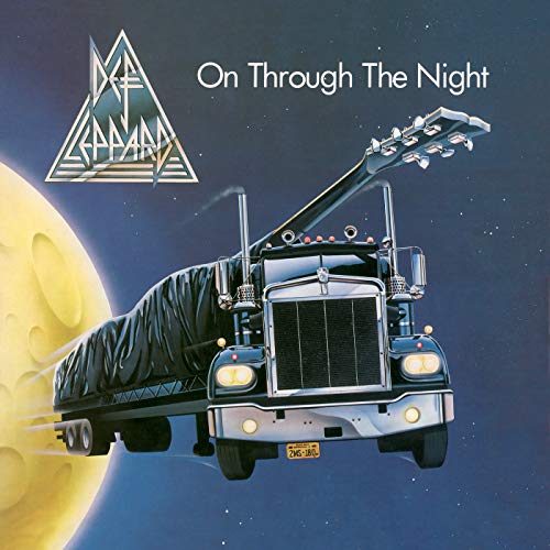 A semi-truck with a guitar neck replaces the exhaust, flying past a large moon.