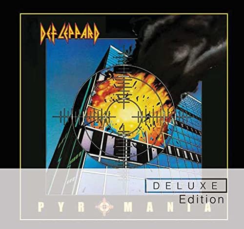 Def Leppard Pyromania album cover showing a building under crosshairs with an explosion.