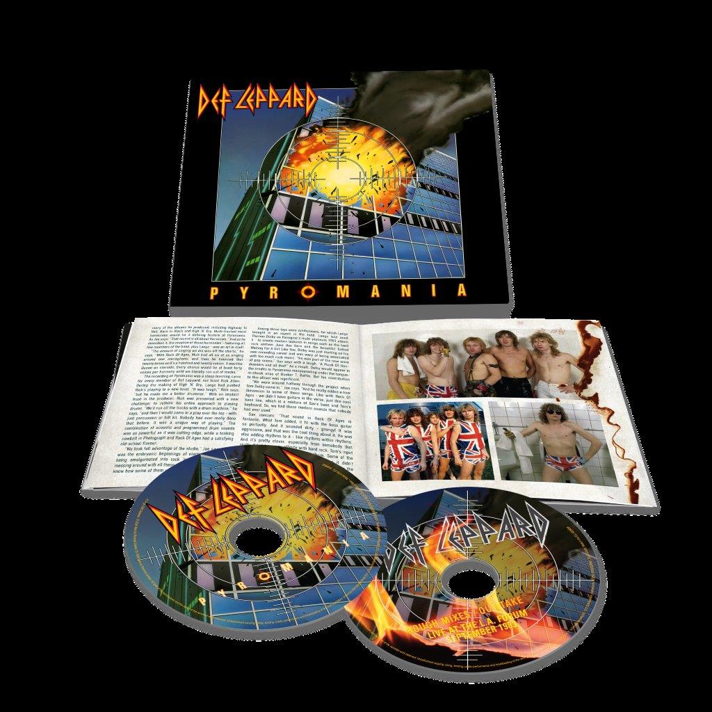Def Leppard’s “Pyromania” CD case, disc, and insert with band imagery.