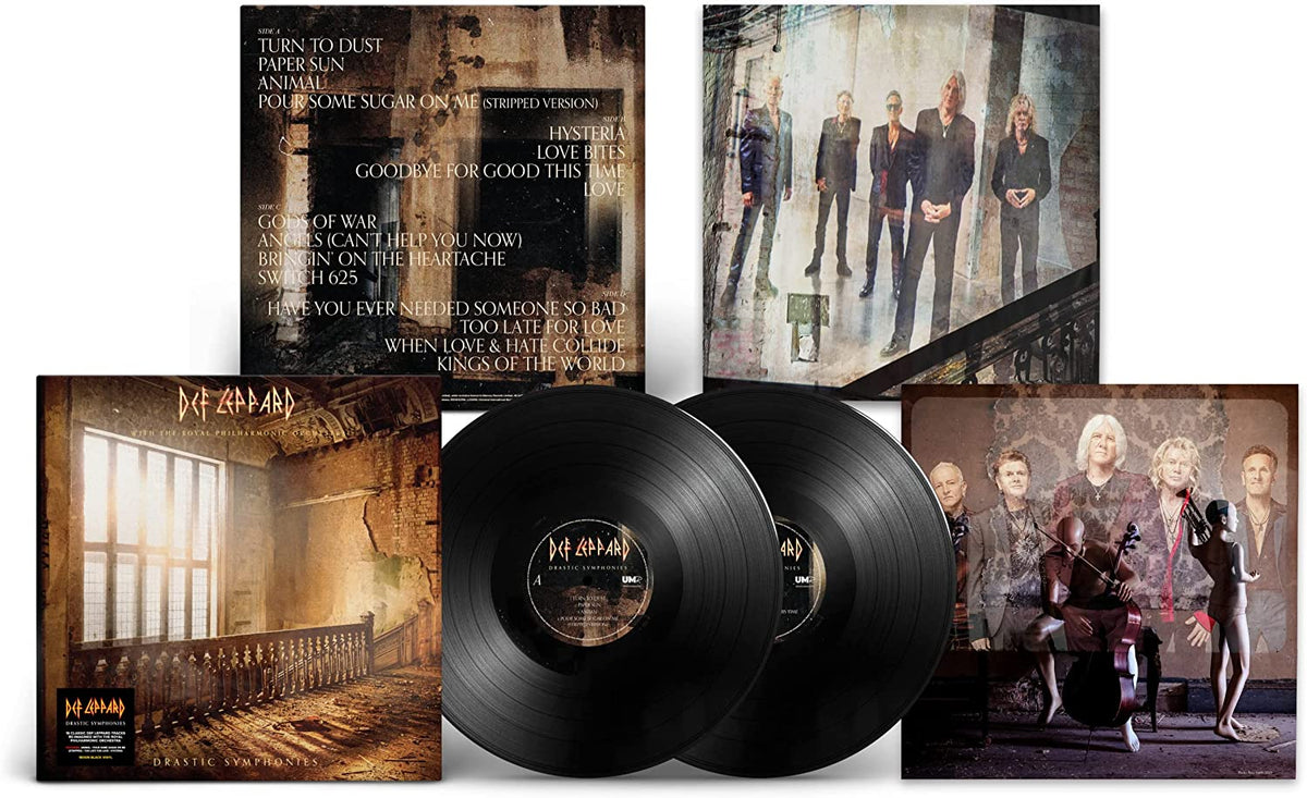 Def Leppard and Royal Philharmonic Orchestra vinyl record set with band photos.