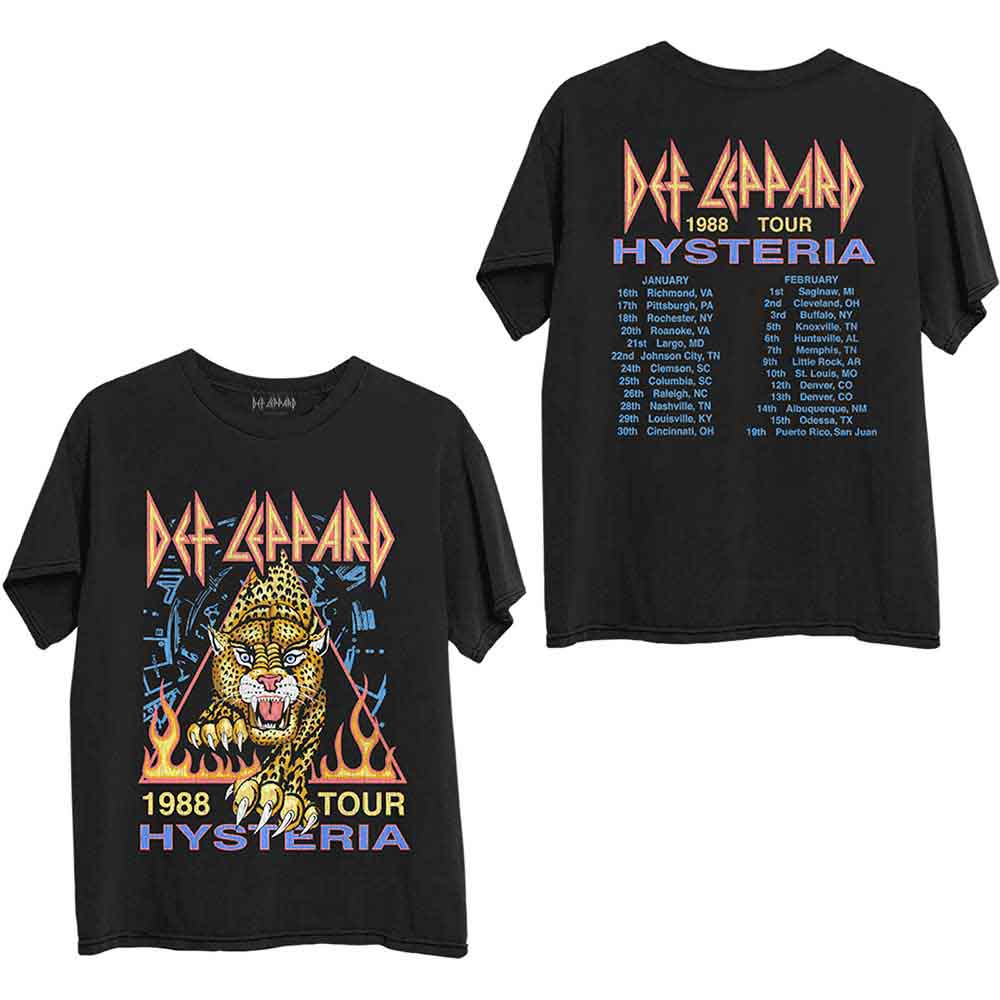 Black t-shirt with large back print of Def Leppard’s Hysteria album artwork.