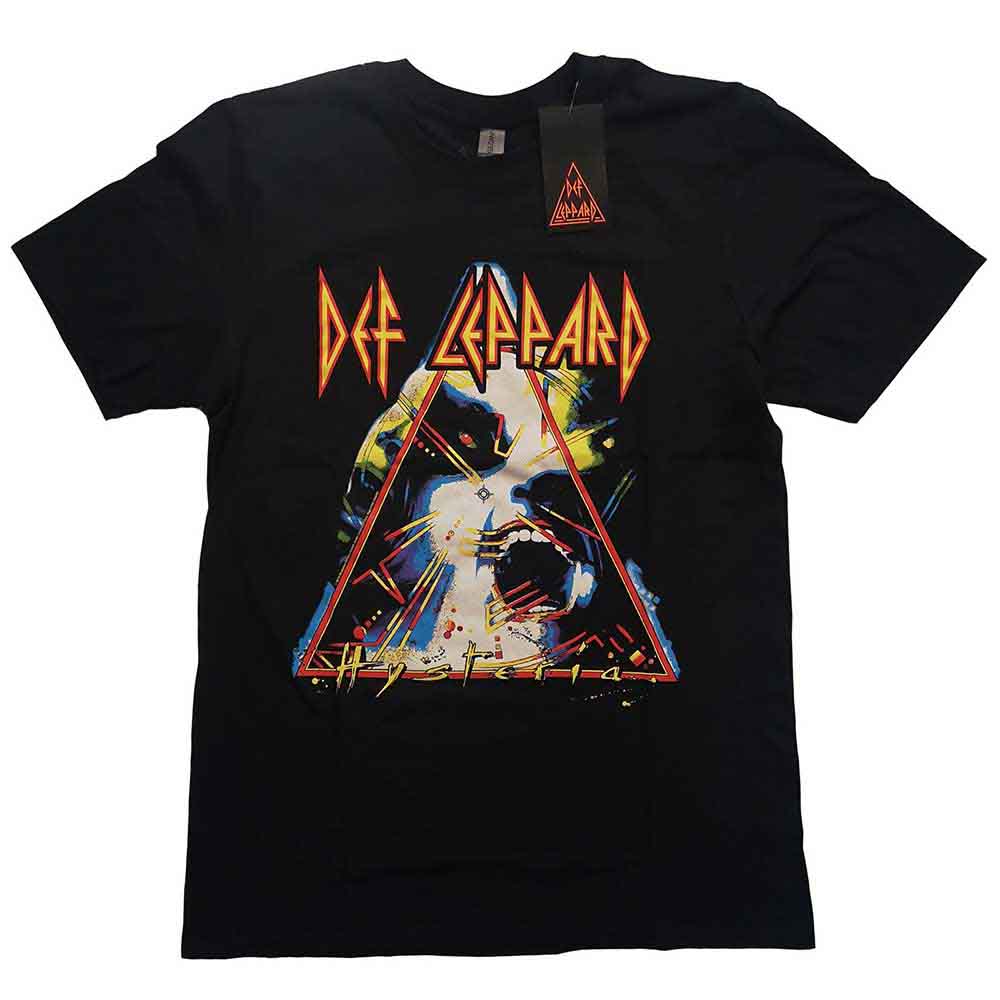 Black unisex t-shirt featuring the Def Leppard Hysteria album cover graphic on the front.