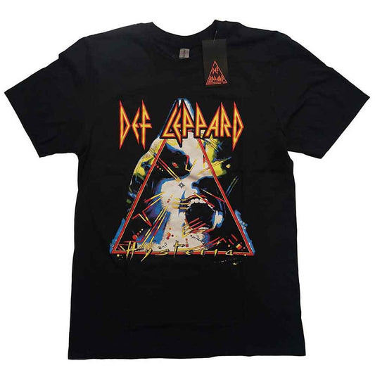 Black unisex t-shirt featuring the Def Leppard Hysteria album cover graphic on the front.