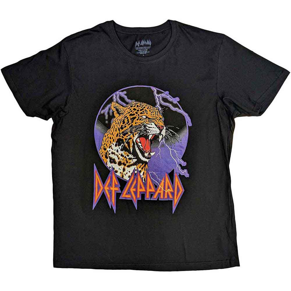 Black unisex t-shirt featuring a graphic of a leopard surrounded by yellow lightning bolts.