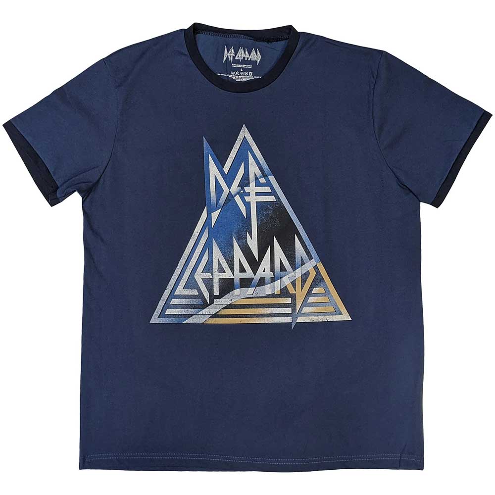 A white unisex ringer t-shirt featuring a black Def Leppard triangle logo.