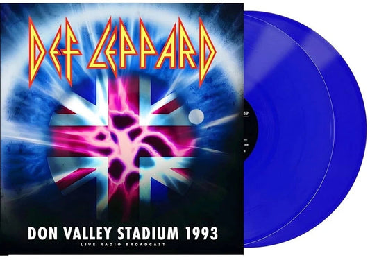 Def Leppard vinyl record cover with blue record, concert imagery.
