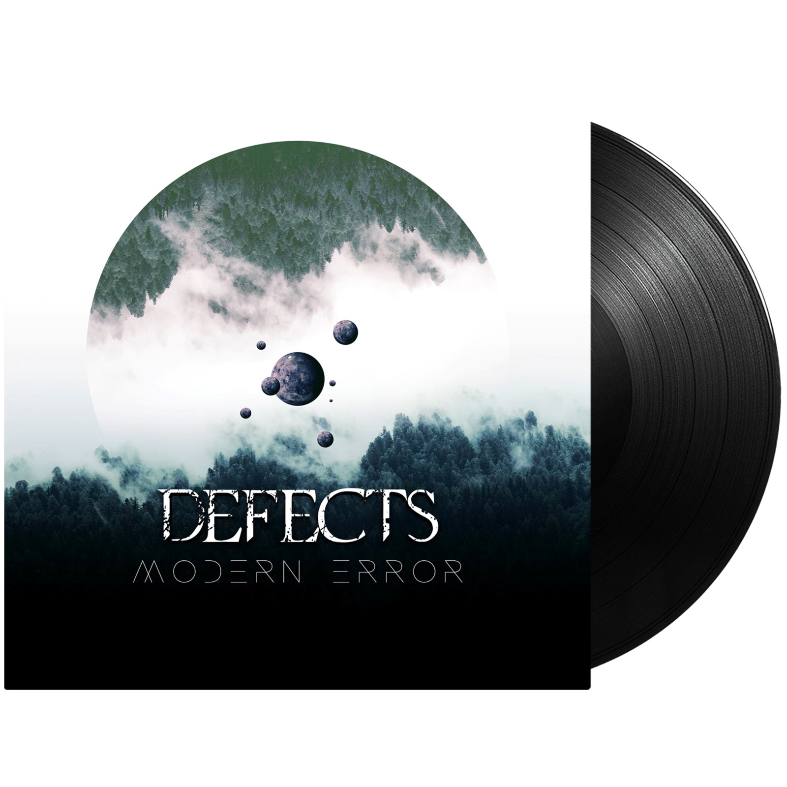 Vinyl record for “Defects - Modern Error” with forest and planet imagery.