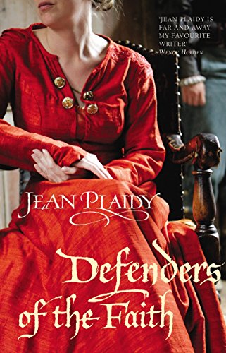 Book cover: woman in red dress, historical fiction, "Defenders of the Faith".