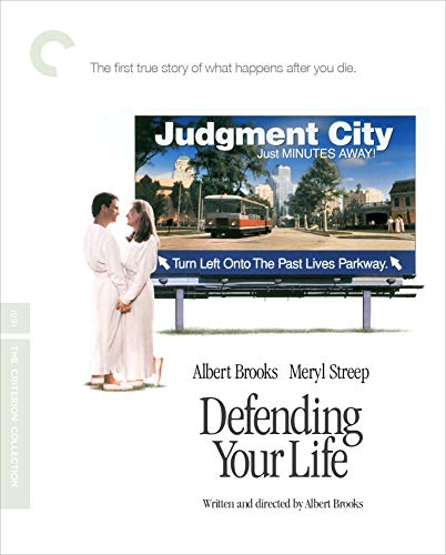 Defending Your Life" Blu-ray cover with couple and cityscape imagery.
