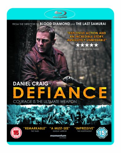Defiance Blu-ray cover featuring Daniel Craig holding a rifle, wartime setting.