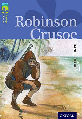Book cover of “Robinson Crusoe” depicting a man on a beach.