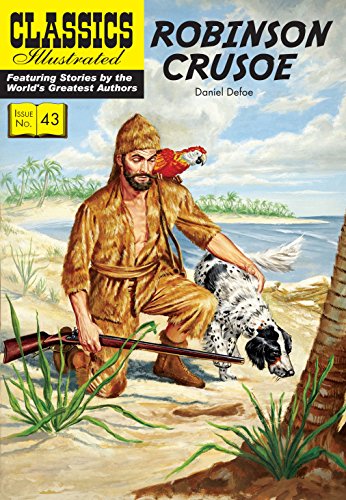 Classics Illustrated comic cover: Robinson Crusoe with dog and parrot.