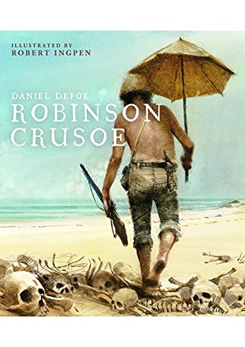 Book cover depicting Robinson Crusoe on a beach with skulls.