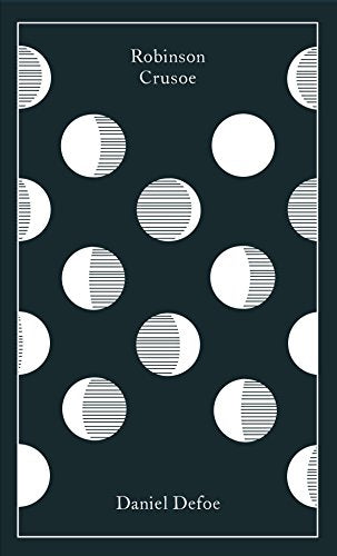 "Dark blue book cover with white circles and lined patterns, titled 'Robinson Crusoe' by Daniel Defoe."