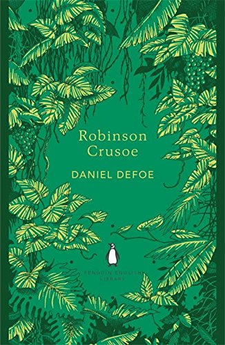 "Book cover of 'Robinson Crusoe' with green jungle foliage and a small penguin logo."