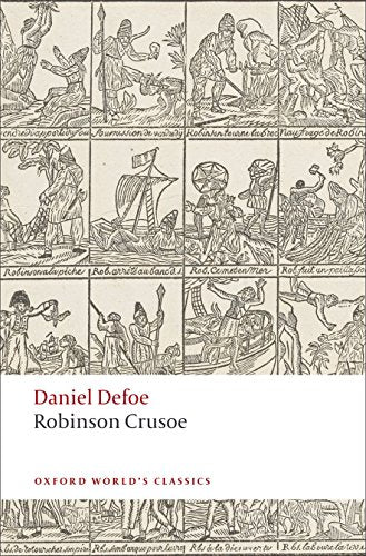 Book cover featuring a grid of historical woodcut illustrations and the title Robinson Crusoe.