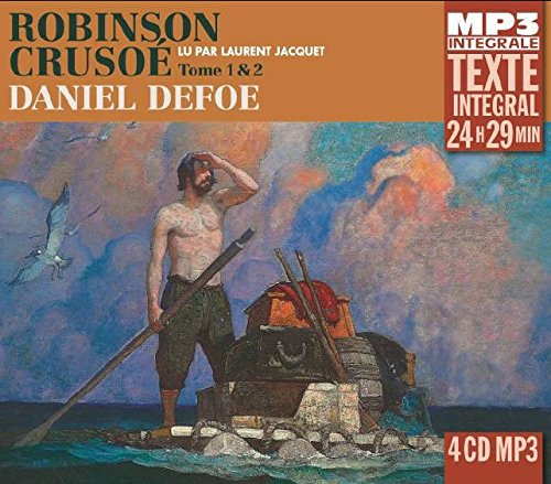 "Audiobook cover with Robinson Crusoe illustration, orange banner, and text indicating 4 CDs."